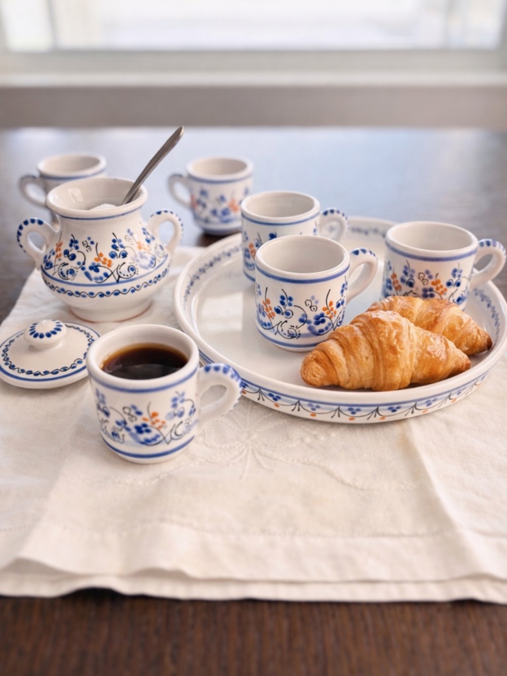 Blue White Demitasse Espresso Set Tray Cups Sugar Bowl European Style